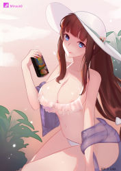 Rule 34 | 1girl, absurdres, areola slip, bikini, black hair, blue eyes, blunt bangs, breasts, brown hair, can, cleavage, commentary request, cowboy shot, drinking straw, frilled bikini, frills, hat, highres, holding, holding can, large breasts, long hair, looking at viewer, low-tied long hair, minusk9, new game!, ponytail, see-through, sidelocks, sitting, smile, solo, sun hat, swimsuit, takimoto hifumi, very long hair, white bikini, white hat