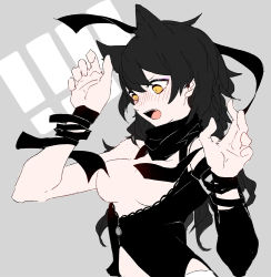 Rule 34 | 1girl, animal ears, bare shoulders, black hair, blake belladonna, blush, breasts, breasts out, cat ears, censored nipples, convenient censoring, esu (transc), extra ears, fang, hair between eyes, hands up, long hair, medium breasts, nose blush, open mouth, rwby, solo, surprised, teeth, upper body, yellow eyes