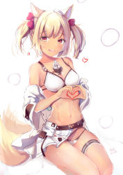 Rule 34 | 1girl, :d, absurdres, afterimage, animal ear fluff, animal ears, arknights, artist name, bare shoulders, belt, bikini, bikini under clothes, blonde hair, blush, bow, breasts, brown belt, cleavage, collarbone, dated, food, food between breasts, fox ears, fox girl, fox tail, hair bow, heart, heart hands, highres, ice cream, ice cream cone, jacket, long sleeves, looking at viewer, medium breasts, navel, off shoulder, official alternate costume, open clothes, open jacket, open mouth, red bow, red eyes, seiza, simple background, sitting, smile, soft serve, solo, sora (arknights), sora (summer flowers) (arknights), swimsuit, tail, tail wagging, tan, twintails, white background, white bikini, white jacket, wide sleeves, wolf ears, wolf tail, yue (qtxyjiang)