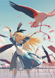 Rule 34 | 1girl, ace (playing card), ace of hearts, alice (alice in wonderland), alice in wonderland, arms up, bird, black hairband, blonde hair, blue dress, blue eyes, blue hairband, blue ribbon, blue sky, card, cloud, commentary, dress, english commentary, feet out of frame, flamingo, frilled dress, frills, hair between eyes, hairband, heart, heterochromia, highres, kneehighs, looking at animal, mountain, open mouth, outdoors, pinafore dress, playing card, puffy short sleeves, puffy sleeves, ribbon, short sleeves, sky, sleeveless, sleeveless dress, smile, socks, solo, standing, teeth, upper teeth only, wakuseiy, white socks, wrist cuffs, yellow eyes