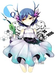 Rule 34 | 10s, 1girl, :o, antlers, bare shoulders, blue hair, c (control), choker, cowboy shot, dress, eyeshadow, horns, kneeling, makeup, money, pointy ears, q (control), red eyes, sgawarananto, simple background, solo, white background