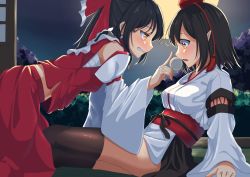 Rule 34 | 2girls, alternate eye color, amanoyayuki, bent over, black hair, black legwear, blush, bow, branch, breasts, commentary request, cross-laced clothes, detached sleeves, embarrassed, food, frilled shirt collar, frills, grin, hair bow, hair tubes, hakurei reimu, hands on floor, hat, highres, japanese clothes, kourindou tengu costume, large breasts, long hair, mochi, moon, multiple girls, night, night sky, nontraditional miko, obi, pointy ears, pom pom (clothes), red bow, red eyes, sarashi, sash, shameimaru aya, short hair, sky, smile, thighhighs, tokin hat, touhou, tree, white sleeves, wide sleeves, wooden floor, yellow eyes, yuri