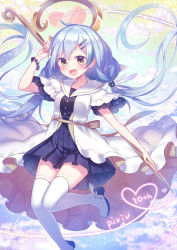 Rule 34 | 1girl, :d, amane kurumi, anniversary, blue dress, blue hair, blush, boots, bracelet, brown eyes, collarbone, commentary request, dress, fingernails, floral background, foot wings, frilled sleeves, frills, hair between eyes, hair ornament, hairclip, heart, highres, holding, jewelry, long hair, looking at viewer, low twintails, open clothes, open dress, open mouth, original, pixiv, pixiv-tan, pleated dress, puffy short sleeves, puffy sleeves, sailor dress, short sleeves, sidelocks, smile, solo, tareme, thigh boots, thighhighs, twintails, very long hair, white dress, white footwear