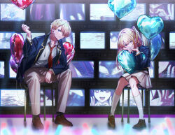 Rule 34 | 1boy, 1girl, arm support, balloon, blazer, blonde hair, blue eyes, blue jacket, brother and sister, brown footwear, closed mouth, commentary, daenarys, english commentary, grey pants, grey skirt, hair over one eye, heart balloon, hoshino aquamarine, hoshino ruby, jacket, long hair, long sleeves, looking at viewer, mismatched pupils, necktie, hugging object, one side up, open clothes, open jacket, oshi no ko, pants, pink eyes, pleated skirt, red necktie, school uniform, short hair, siblings, sidelocks, sitting, skirt, smile, socks, star-shaped pupils, star (symbol), symbol-shaped pupils, television, twins, white socks, youtou high school uniform