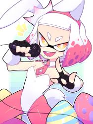 Rule 34 | 1girl, \m/, animal ears, black gloves, blue background, blush, breasts, cephalopod eyes, collarbone, cross, cross-shaped pupils, crown, detached collar, easter, easter egg, egg, fake animal ears, fangs, fingerless gloves, gloves, holding, inkling, leotard, microphone, mole, mole under mouth, multicolored hair, necktie, nintendo, open mouth, pantyhose, pearl (splatoon), pink hair, pink necktie, pink pantyhose, playboy bunny, rabbit ears, rabbit tail, short hair, small breasts, smile, sparkle, splatoon (series), splatoon 2, sprayjea, squid girl, standing, symbol-shaped pupils, tail, teeth, tentacle hair, tentacles, two-tone hair, white hair, white leotard, yellow eyes