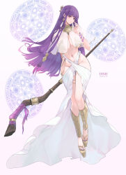 Rule 34 | 1girl, absurdres, alternate costume, artist name, blush, breasts, dishwasher1910, fern (sousou no frieren), full body, highres, holding, holding staff, large breasts, long hair, long legs, looking at viewer, mage staff, purple eyes, purple hair, solo, sousou no frieren, staff, tagme, very long hair