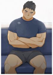 Rule 34 | 1boy, amaimao, bara, blush, bulge, closed eyes, couch, crossed arms, feet out of frame, grey shorts, highres, large pectorals, male focus, mature male, muscular, muscular male, on couch, original, pectorals, short hair, shorts, sitting, sleeping, sleeping upright, solo, thick eyebrows, thighs