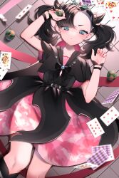 Rule 34 | 1girl, absurdres, aqua eyes, asymmetrical bangs, azuki anko, black dress, black hair, blurry, card, commentary request, creatures (company), dress, dusk ball, eyelashes, from above, game freak, green eyes, hands up, highres, holding, holding poke ball, jewelry, knees, looking at viewer, lying, marnie (champion) (pokemon), marnie (pokemon), nail polish, necklace, nintendo, official alternate costume, on back, on floor, parted lips, pink nails, playing card, poke ball, pokemon, pokemon masters ex, solo, tiara, tile floor, tiles, twintails, undercut
