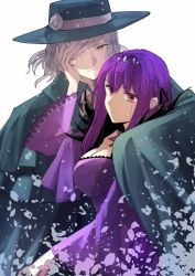 Rule 34 | 1boy, 1girl, bad id, bad twitter id, black cloak, breasts, cleavage, cloak, dress, edmond dantes (fate), fate/grand order, fate (series), fedora, fur trim, hair between eyes, hair over one eye, hand on another&#039;s face, hat, jewelry, large breasts, long hair, looking at viewer, petals, purple dress, purple hair, red eyes, scathach (fate), scathach skadi (fate), tiara, tsengyun, wavy hair, white background, white hair, yellow eyes
