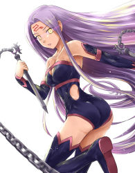Rule 34 | 1girl, black footwear, black thighhighs, boots, breasts, cleavage, dagger, dress, elbow gloves, facial mark, fate/grand order, fate/stay night, fate (series), forehead mark, gloves, hip vent, knife, long hair, medusa (fate), medusa (rider) (fate), medusa (rider) (third ascension) (fate), nameless dagger (fate), purple hair, sleeveless, solo, square pupils, thigh boots, thighhighs, tsuyadashi shuuji, very long hair, weapon, yellow eyes