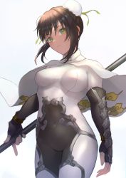 Rule 34 | 1girl, arm guards, black gloves, black hair, blush, bodysuit, breasts, bun cover, cape, closed mouth, cloud print, covered navel, double bun, elbow gloves, fate/grand order, fate (series), fingerless gloves, gloves, green eyes, green ribbon, hair bun, highres, looking at viewer, medium breasts, otsukemono, polearm, qin liangyu (fate), ribbon, sidelocks, simple background, spear, thighs, weapon, white bodysuit, white cape