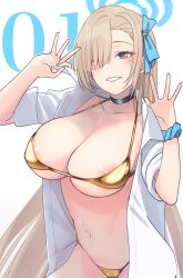 Rule 34 | 1girl, areola slip, asuna (blue archive), asymmetrical bangs, bikini, blue archive, blue eyes, blue ribbon, blush, breasts, choker, cleavage, collarbone, collared shirt, gold bikini, grin, hair over one eye, hair ribbon, halo, haruichi (komikal), highres, large areolae, large breasts, light brown hair, long hair, looking at viewer, navel, open clothes, open shirt, ribbon, shirt, sleeves rolled up, smile, solo, swimsuit, very long hair, white shirt