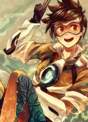 Rule 34 | 1girl, :d, brown eyes, brown hair, earrings, fenori, freckles, gloves, heart, jewelry, looking to the side, open mouth, overwatch, overwatch 1, short hair, smile, solo, tracer (overwatch)