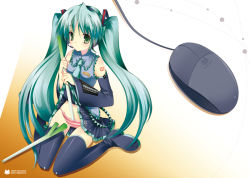 Rule 34 | 1girl, aqua hair, bad id, bad pixiv id, detached sleeves, hatsune miku, long hair, mouse (computer), necktie, panties, sakura hanpen, skirt, socks, solo, spring onion, striped clothes, striped panties, thighhighs, twintails, underwear, vocaloid