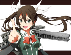 Rule 34 | 10s, 1girl, bow, bowtie, brown hair, green eyes, hair ribbon, kantai collection, long hair, pointing, ribbon, smile, tone (kancolle), turret, twintails, uniform, usui (h446)