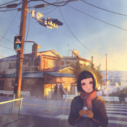 Rule 34 | 1girl, antennae, blue sky, brown eyes, brown gloves, brown hair, building, can, car, chain-link fence, coat, conductor, crosswalk, day, drink can, fence, gloves, head tilt, house, ilya kuvshinov, looking at viewer, manhole, manhole cover, motor vehicle, original, outdoors, pedestrian lights, plant, pole, red scarf, road, road sign, scarf, short hair, sign, sky, soda can, solo, street, traffic light, tree, upper body, vehicle, winter clothes, winter coat