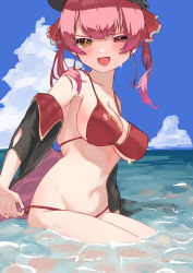 Rule 34 | 1girl, absurdres, armpit crease, arrow through heart, baseball cap, bikini, black hat, black jacket, blue sky, blush, breasts, cloud, cloudy sky, commentary, day, hair ribbon, hat, heterochromia, highres, hololive, houshou marine, houshou marine (summer), jacket, looking at viewer, medium breasts, medium hair, navel, ocean, off shoulder, official alternate costume, open clothes, open jacket, open mouth, outdoors, partially submerged, red bikini, red eyes, red hair, red ribbon, ribbon, sideboob, sitting, sky, solo, stomach, strap pull, string bikini, swimsuit, takeno omoti, twintails, virtual youtuber, wet, yellow eyes
