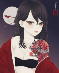 Rule 34 | 1girl, absurdres, black bra, bra, brown eyes, brown hair, bug, chopsticks, commentary, flower, flower tattoo, full moon, gradient background, hair between eyes, hair ornament, hairpin, half updo, highres, japanese clothes, kanzashi, kimono, long hair, looking at viewer, moon, off shoulder, open clothes, open kimono, original, parted lips, partially undressed, purple background, red flower, red kimono, seal impression, shoulder tattoo, signature, silk, solo, spider, spider lily, spider tattoo, spider web, tattoo, underwear, upper body, ushiyama ame
