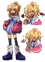 Rule 34 | 1girl, blonde hair, blue dress, blue footwear, blush, cellphone charm, charm (object), closed eyes, commentary request, copyright request, dress, enfrl 0725, full body, hair ornament, holding, holding phone, jacket, jacket partially removed, korean commentary, korean text, long hair, multiple views, open mouth, phone, pink jacket, ponytail, red eyes, shoes, simple background, smile, socks, star (symbol), star hair ornament, translation request, white background, white socks