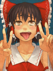 Rule 34 | 1girl, ahegao, bad id, bad pixiv id, blush, bow, brown eyes, brown hair, detached sleeves, double v, female focus, hair bow, hair tubes, hakurei reimu, japanese clothes, miko, saliva, solo, tears, tongue, tongue out, touhou, upper body, v, yuuji (and)
