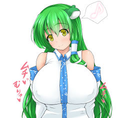 Rule 34 | 1girl, bad id, bad pixiv id, bare shoulders, blush, breasts, covered erect nipples, detached sleeves, female focus, frog, frog hair ornament, green hair, hair ornament, huge breasts, hydrant (kasozama), kochiya sanae, long hair, looking at viewer, musical note, open mouth, red eyes, short hair, simple background, smile, snake, solo, spoken musical note, touhou, white background, yellow eyes
