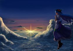 Rule 34 | 1girl, above clouds, bukimi isan, cloud, closed eyes, female focus, flying, food, fruit, own hands clasped, hat, highres, hinanawi tenshi, horizon, leaf, long hair, long skirt, own hands together, peach, short sleeves, skirt, sky, solo, sun, sunrise, touhou, very long hair