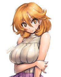 Rule 34 | &gt;:), 10s, aged up, amania orz, bare arms, bare shoulders, breast hold, breasts, closed mouth, dated, hair between eyes, ishino mikoto, large breasts, orange eyes, orange hair, ribbed shirt, shirt, short hair, sketch, sleeveless, sleeveless turtleneck, solo, tomica hyper rescue drive head, tomica hyper rescue drive head: kidou kyuukyuu keisatsu, turtleneck, twitter username, upper body, v-shaped eyebrows