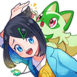 Rule 34 | 1girl, :d, afterimage, arutarika (ri kaoekaki), black hair, blue eyes, commentary request, cowlick, creatures (company), dated, game freak, hair ornament, hairclip, happy, highres, jacket, jewelry, liko (pokemon), nintendo, open clothes, open jacket, open mouth, pendant, pokemon, pokemon (anime), pokemon (creature), pokemon horizons, pokemon on back, raised eyebrows, shirt, smile, sprigatito, teeth, upper teeth only, white background, white shirt, yellow bag