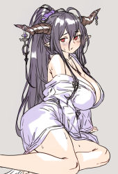 Rule 34 | 1girl, black hair, blush, breasts, danua, draph, granblue fantasy, hair between eyes, highres, horn ornament, horns, houtengeki, japanese clothes, kimono, large breasts, long hair, long sleeves, looking at viewer, pointy ears, ponytail, red eyes, solo, thighs, wide sleeves