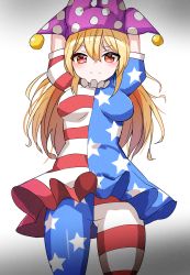 Rule 34 | 1girl, american flag dress, american flag pants, arms up, blonde hair, blush, breasts, closed mouth, clownpiece, commentary request, dress, gradient background, grey background, hair between eyes, hands up, hat, highres, jester cap, long hair, looking at viewer, neck ruff, pants, pantyhose, polka dot, puffy short sleeves, puffy sleeves, purple hat, randall, red eyes, short sleeves, small breasts, smile, solo, standing, star (symbol), star print, striped clothes, striped dress, striped pants, touhou, white background