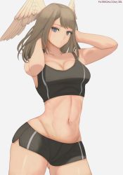Rule 34 | 1girl, absurdres, arms up, asymmetrical bangs, black shorts, black sports bra, blue eyes, breasts, brown hair, cleavage, collarbone, eunie (xenoblade), feathered wings, grey background, gym shorts, head wings, highres, large breasts, long hair, looking at viewer, navel, parted lips, patreon username, short shorts, shorts, solo, sports bra, white wings, wings, xenoblade chronicles (series), xenoblade chronicles 3, zelc-face