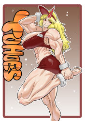 Rule 34 | 1girl, abs, barefoot, blonde hair, brand name imitation, breasts, cleavage, cuffs, feet, from side, highres, hooters, horns, hoshiguma yuugi, huge breasts, leg lift, long hair, muscular, muscular female, outside border, plantar flexion, red eyes, shackles, single horn, soles, solo, sorahachi midoro, standing, standing on one leg, toe scrunch, toes, toned, touhou, undersized clothes, visor cap, waitress