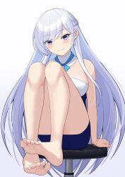 Rule 34 | 1girl, absurdres, arm support, azur lane, bare arms, barefoot, belfast (azur lane), blue eyes, blush, braid, breasts, chair, cleavage, closed mouth, collar, dress, french braid, highres, large breasts, lemon kele, long hair, looking at viewer, sitting, skirt, sleeveless, smile, solo, white hair