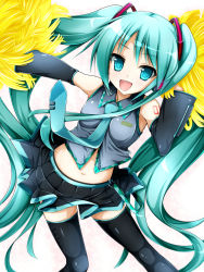 Rule 34 | 1girl, :d, aqua eyes, aqua hair, breasts, detached sleeves, female focus, gradient background, hatsune miku, highres, komo egg, long hair, midriff, navel, necktie, open mouth, pom pom (cheerleading), skirt, smile, solo, thighhighs, twintails, very long hair, vocaloid, white background