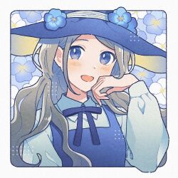 Rule 34 | 1girl, :d, blonde hair, blue dress, blue eyes, blue flower, blue hat, blush, border, close-up, collared shirt, commentary, dress, floral background, flower, hand on own cheek, hand on own face, hand to own mouth, hand up, hat, hat flower, highres, long hair, long sleeves, looking at viewer, nahara saki, neck ribbon, open mouth, original, outside border, pinafore dress, puffy long sleeves, puffy sleeves, purple flower, purple ribbon, ribbon, shirt, sleeveless, sleeveless dress, smile, solo, upper body, white border, white flower, white shirt, witch, witch hat