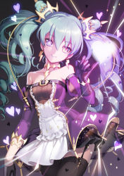 Rule 34 | 1girl, black thighhighs, bracelet, choker, cowboy shot, detached sleeves, dress, earrings, ecoliff, garter straps, gloves, green hair, hatsune miku, head tilt, heart, jewelry, long hair, looking at viewer, pinky out, purple dress, purple eyes, smile, solo, thighhighs, twintails, vocaloid