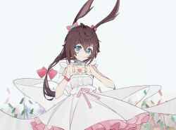 Rule 34 | 1girl, absurdres, amiya (arknights), animal ears, arknights, bare shoulders, blue eyes, bow, brown hair, closed mouth, dress, hair bow, heart, heart hands, hhs240, highres, long hair, looking at viewer, outdoors, pink bow, ponytail, rabbit ears, rabbit girl, sky, sleeveless, sleeveless dress, smile, sundress, white dress, white sky