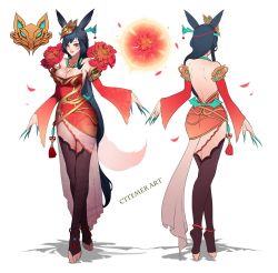 Rule 34 | 1girl, ahri (league of legends), alternate costume, animal ears, anklet, artist name, ass, bare back, bare shoulders, barefoot, black hair, braid, breasts, citemer, cleavage, detached sleeves, dress, energy ball, facial mark, fingernails, flower, fox ears, fox tail, hair ornament, jewelry, large breasts, league of legends, long fingernails, long hair, multiple views, nail polish, necklace, petals, red eyes, sharp fingernails, short dress, side braid, tail, thighhighs, tiptoes, toeless legwear, toes, turnaround, very long fingernails, very long hair, whisker markings