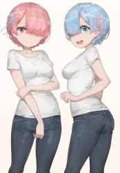 Rule 34 | 10s, 2girls, :d, absurdres, ass, beige background, blue eyes, blue hair, breasts, casual, contemporary, contrapposto, denim, free style (yohan1754), from side, gradient background, hair ornament, hair over one eye, hair ribbon, highres, holding own arm, jeans, looking at viewer, matching outfits, medium breasts, multiple girls, open mouth, pants, pink eyes, pink hair, ram (re:zero), re:zero kara hajimeru isekai seikatsu, rem (re:zero), ribbon, shirt, short hair, siblings, simple background, sisters, smile, standing, t-shirt, twins, x hair ornament
