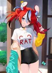 Rule 34 | 1girl, :p, absurdres, alternate costume, animal ear fluff, animal ears, asymmetrical sleeves, black choker, black hair, black shorts, blue eyes, breasts, cheese, choker, collarbone, cowboy shot, crossed bangs, double bun, english text, food, hair between eyes, hair bun, hakos baelz, highres, hololive, hololive english, jiang ye kiri, large breasts, long sleeves, looking at viewer, mismatched sleeves, mouse ears, mouse girl, mouse tail, multicolored hair, one eye closed, red hair, shirt, shorts, sleeves past wrists, solo, streaked hair, t-shirt, tail, tented shirt, thigh gap, thighs, tongue, tongue out, twintails, virtual youtuber, white hair, white shirt