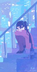 Rule 34 | 1girl, absurdres, brown pantyhose, cigarette, coat, commentary, english commentary, high heels, highres, hugging own legs, jill stingray, long hair, looking at viewer, outdoors, pantyhose, red coat, red eyes, rnna, sitting, solo, stairs, twintails, va-11 hall-a, winter clothes, winter coat