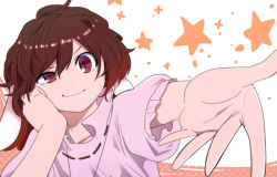 Rule 34 | 1girl, abooon, animal ears, brown hair, foreshortening, gradient hair, inaba tewi, jewelry, multicolored hair, necklace, nurupo (abooon), outstretched arm, puffy sleeves, rabbit ears, red eyes, short hair, short sleeves, slit pupils, smile, solo, star (symbol), touhou, upper body