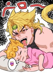Rule 34 | 2boys, aged down, animal ears, blonde hair, cat boy, cat ears, cat tail, closed eyes, commentary request, dio brando, earrings, father and son, giorno giovanna, green lips, headband, heart, highres, honlo, hood, hoodie, jewelry, jojo no kimyou na bouken, licking, lipstick, long hair, lying, makeup, multiple boys, pillow, pink hoodie, red eyes, spoken squiggle, squiggle, tail, tongue, tongue out, vento aureo
