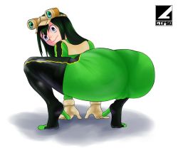 Rule 34 | 1girl, absurdres, ass, asui tsuyu, black eyes, bodysuit, boku no hero academia, boots, cameltoe, from behind, gipso, gloves, goggles, goggles on head, green hair, highres, huge ass, long hair, looking at viewer, shiny clothes, skin tight, solo, squatting