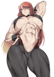 Rule 34 | 1girl, abs, absurdres, arm behind head, bare arms, bare shoulders, black pants, black shirt, body markings, breast tattoo, breasts, detached sleeves, facial mark, fuuma kotarou (tenkaichi), gradient hair, halterneck, hand on own hip, highres, large breasts, long hair, looking to the side, midriff, multicolored hair, muscular, muscular female, navel, orange eyes, pants, red eyes, red hair, shirt, simple background, skin tight, sleeveless, solo, tattoo, tenkaichi nihon saikyou bugeisha ketteisen, toned, tongue, tongue out, underboob, upper body, urec, white background, wristband