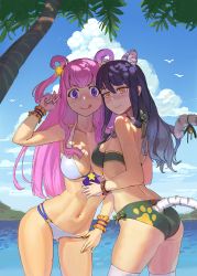 Rule 34 | 2girls, :q, animal ears, ass, back, bell, bikini, black hair, bow, bracelet, breasts, cleavage, clothing cutout, collarbone, contrapposto, gradient hair, green bikini, hair ornament, hair rings, halterneck, hatsune (princess connect!), jewelry, jingle bell, long hair, looking at viewer, medium breasts, midriff, multicolored hair, multiple girls, navel, ocean, palm tree, paw print, pink hair, princess connect!, purple eyes, rikuhito juusan, shaded face, shiori (princess connect!), siblings, sidelocks, sisters, smile, star (symbol), star hair ornament, strap gap, swimsuit, tail, tail through clothes, thighhighs, thighs, tiger ears, tiger girl, tiger tail, tongue, tongue out, tree, two side up, v-shaped eyebrows, white bikini, white legwear, wrist cuffs, yellow eyes