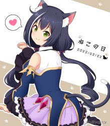 Rule 34 | 1girl, animal ear fluff, animal ears, bare shoulders, black hair, black thighhighs, blue sleeves, brown background, cat ears, cat girl, cat tail, closed mouth, commentary request, dated, detached sleeves, frilled skirt, frills, green eyes, hand up, heart, highres, juliet sleeves, karyl (princess connect!), long hair, long sleeves, looking at viewer, looking back, low twintails, mitya, multicolored hair, no shoes, paw pose, pleated skirt, princess connect!, puffy sleeves, purple skirt, shirt, skirt, sleeveless, sleeveless shirt, smile, soles, solo, spoken heart, streaked hair, tail, thighhighs, translation request, twintails, twitter username, two-tone background, very long hair, white background, white hair, white shirt, wide sleeves