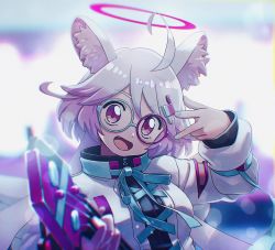 Rule 34 | 1girl, ahoge, animal ear fluff, animal ears, aqua nails, aqua ribbon, arm up, blurry, blurry background, character request, fang, gyaraco (show by rock!!), hair ornament, halo, hand up, highres, holding, kunitarou-art, looking at viewer, multicolored hair, nail polish, open mouth, pink hair, purple eyes, ribbon, show by rock!!, solo, two-tone hair, upper body, white hair