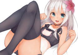 Rule 34 | 10s, 1girl, absurdres, aqua eyes, bad id, bad pixiv id, bell, black bra, black panties, black thighhighs, bra, cat cutout, cat lingerie, choker, cleavage cutout, clothing cutout, collarbone, flat chest, flower, hair flower, hair ornament, highres, jingle bell, kantai collection, long hair, looking at viewer, meme attire, neck bell, no shoes, one-piece tan, open mouth, panties, rerrere, ro-500 (kancolle), side-tie panties, silver hair, sitting, smile, solo, tan, tanline, thighhighs, underwear, underwear only