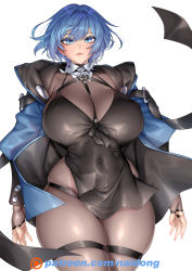 Rule 34 | 1girl, blue eyes, blue hair, blue jacket, bodystocking, bondage outfit, breasts, covered navel, fingernails, highres, huge breasts, jacket, long fingernails, looking at viewer, naidong, naidong (artist), original, parted lips, patreon username, serious, short hair, simple background, solo, white background